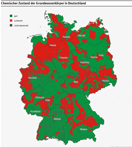 Eine Grafik von Deutschland in der die Stellen rot markiert sind, wo das Grundwasser vom Umweltbundesamt als schlecht gewertet wird